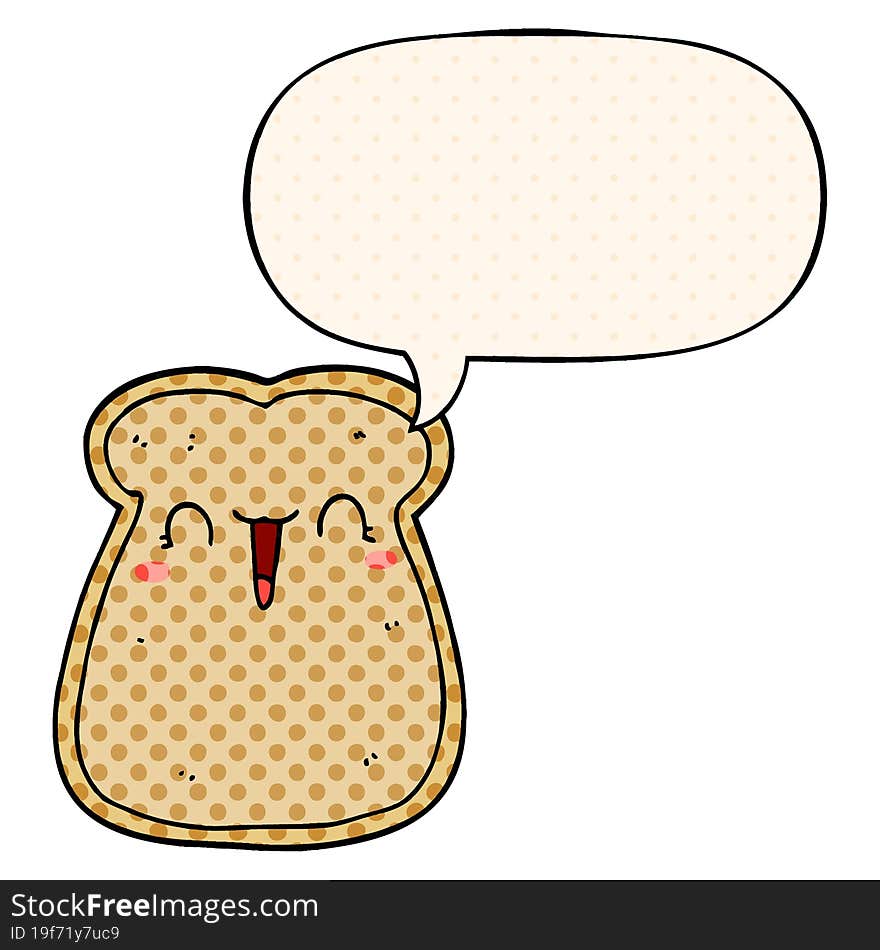 Cute Cartoon Slice Of Toast And Speech Bubble In Comic Book Style