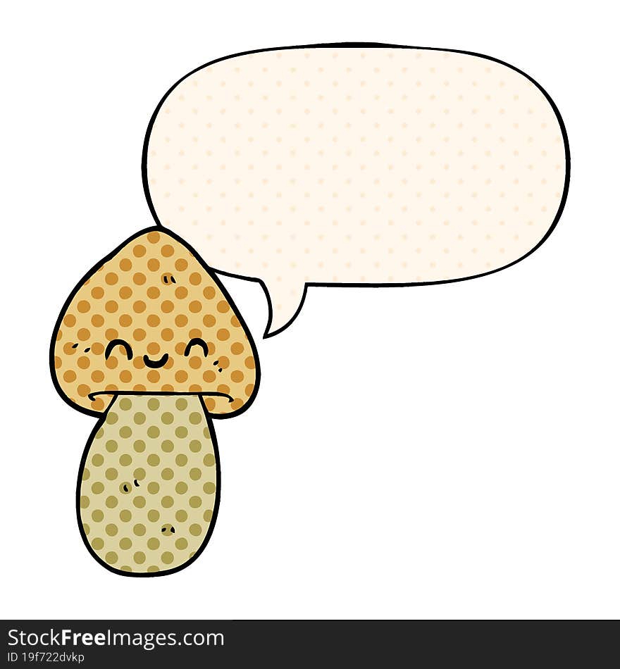 cartoon mushroom with speech bubble in comic book style