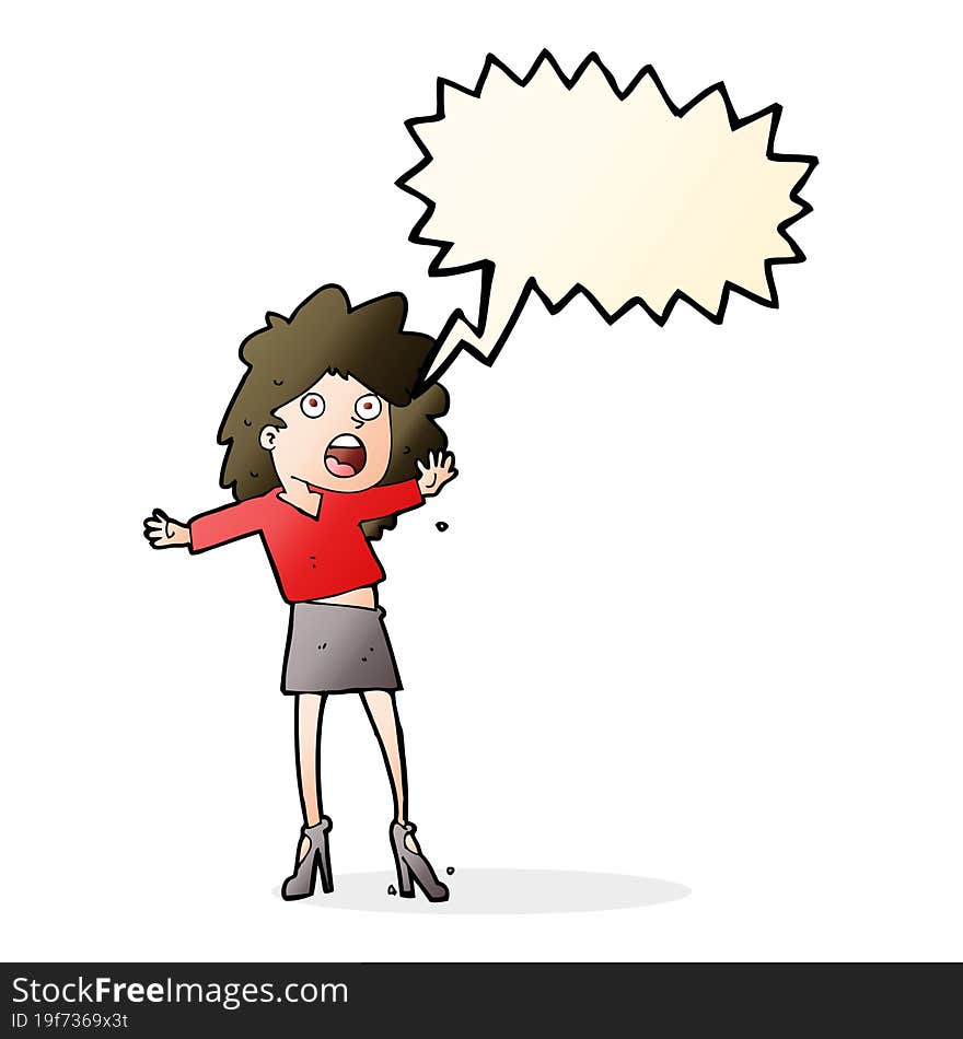 cartoon woman having trouble walking in heels with speech bubble