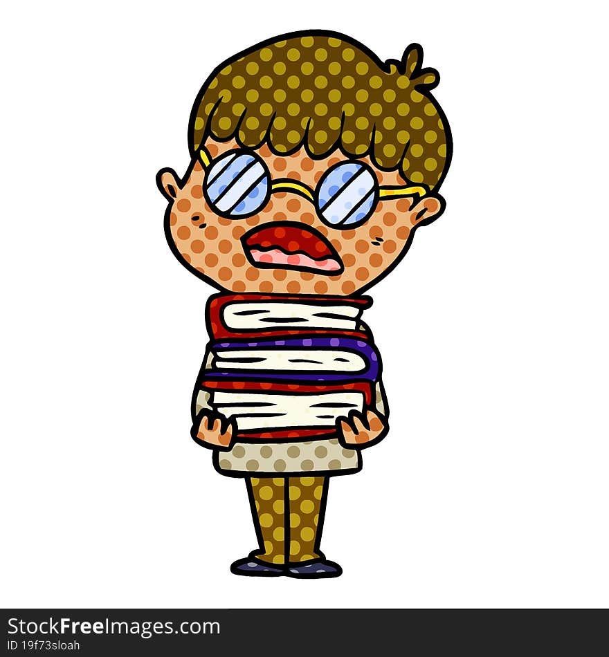 cartoon boy with books wearing spectacles. cartoon boy with books wearing spectacles