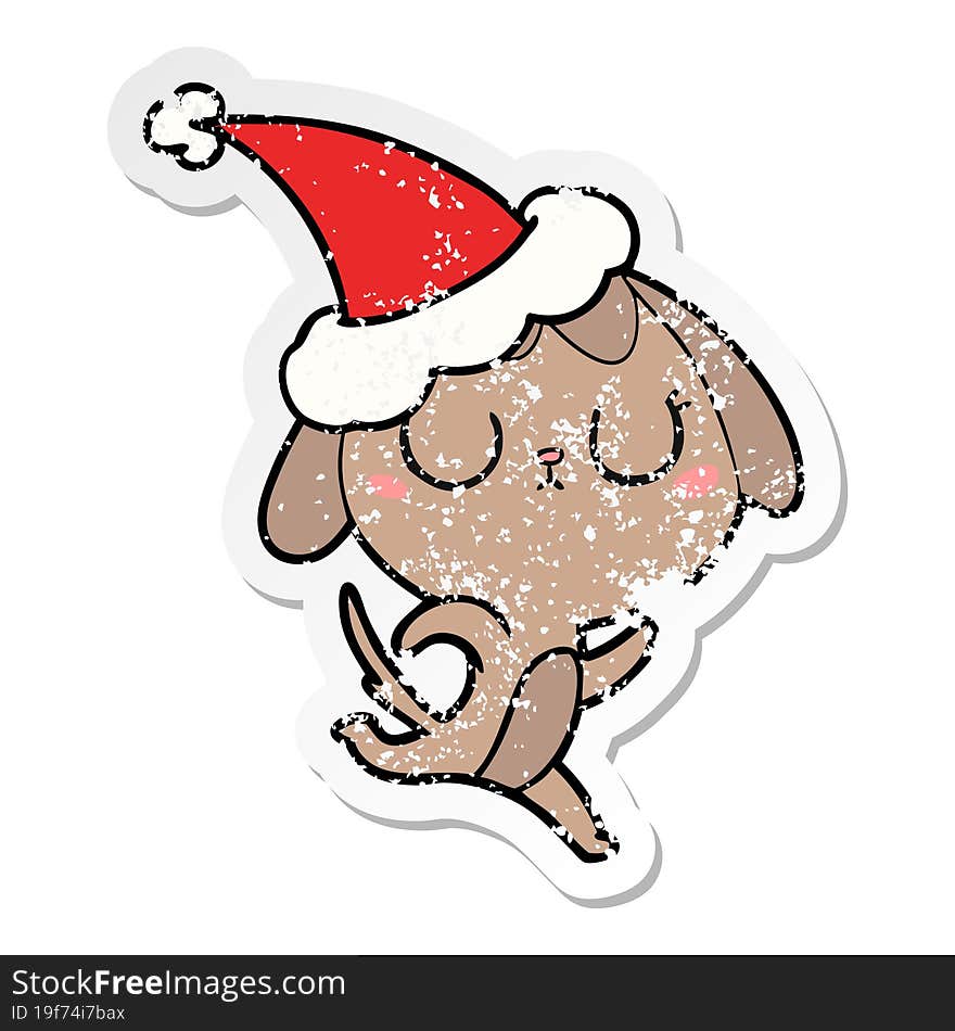 cute distressed sticker cartoon of a dog wearing santa hat