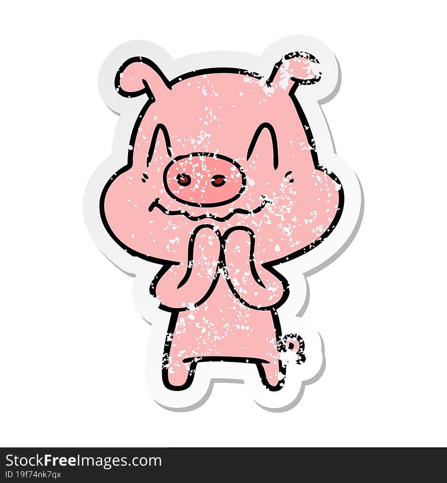 distressed sticker of a nervous cartoon pig