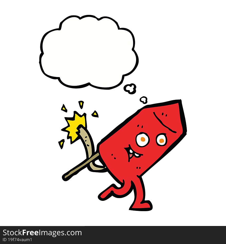 cartoon funny firework character with thought bubble