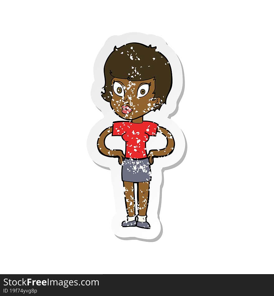 retro distressed sticker of a cartoon woman with hands on hips