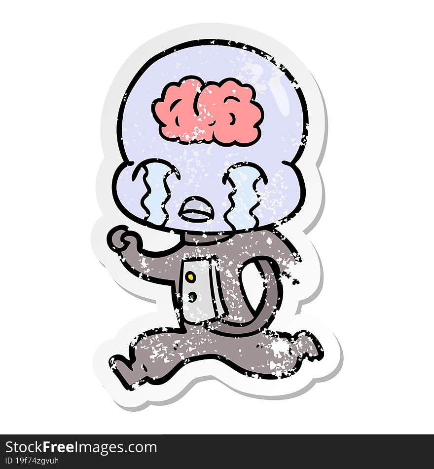 Distressed Sticker Of A Cartoon Big Brain Alien Crying Running