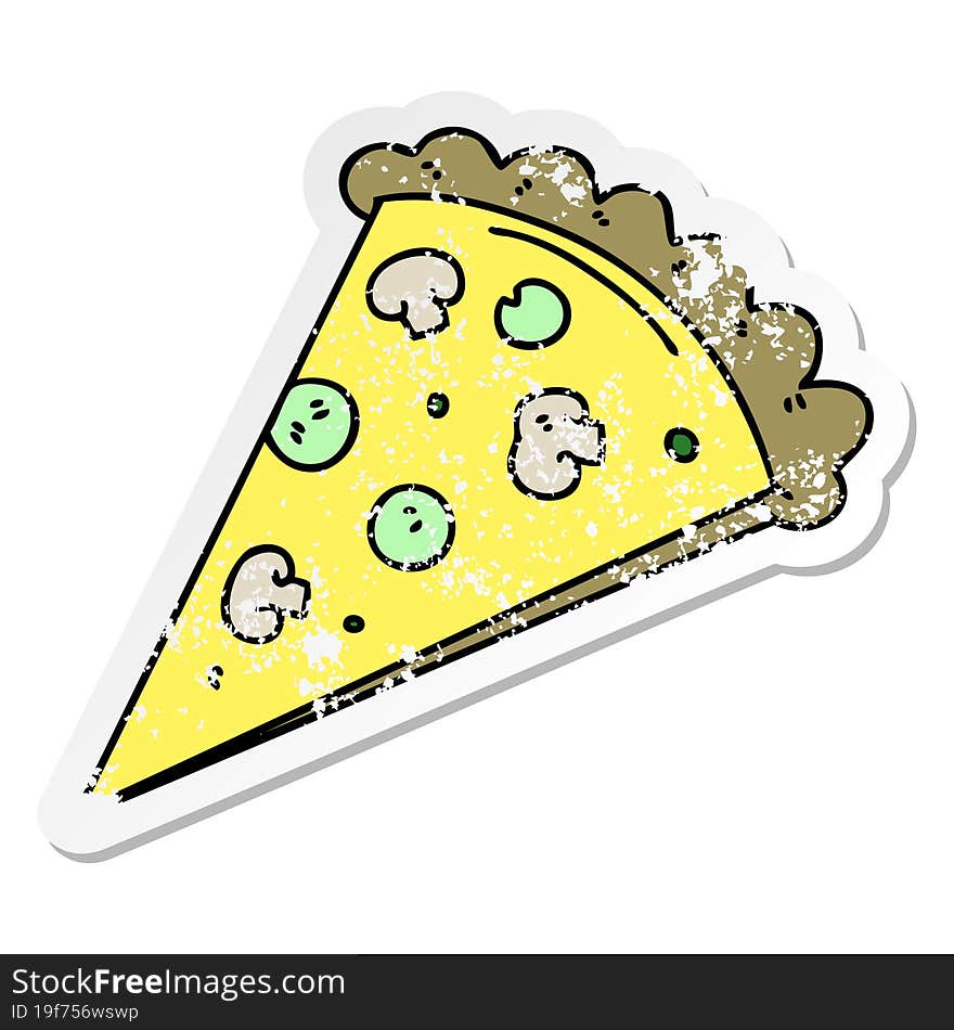 Distressed Sticker Of A Quirky Hand Drawn Cartoon Slice Of Pizza