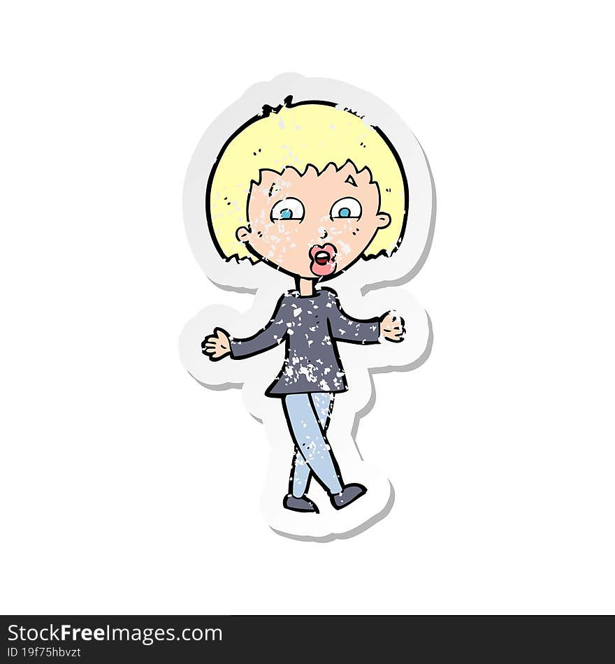 retro distressed sticker of a cartoon woman shrugging shoulders