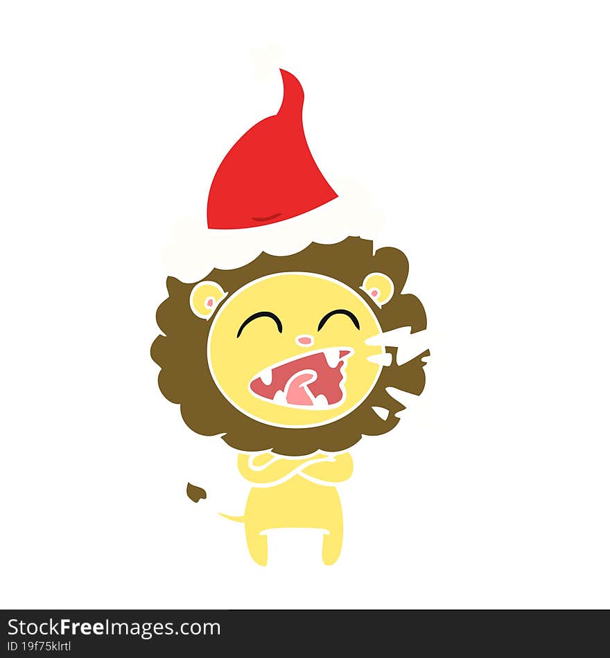 Flat Color Illustration Of A Roaring Lion Wearing Santa Hat