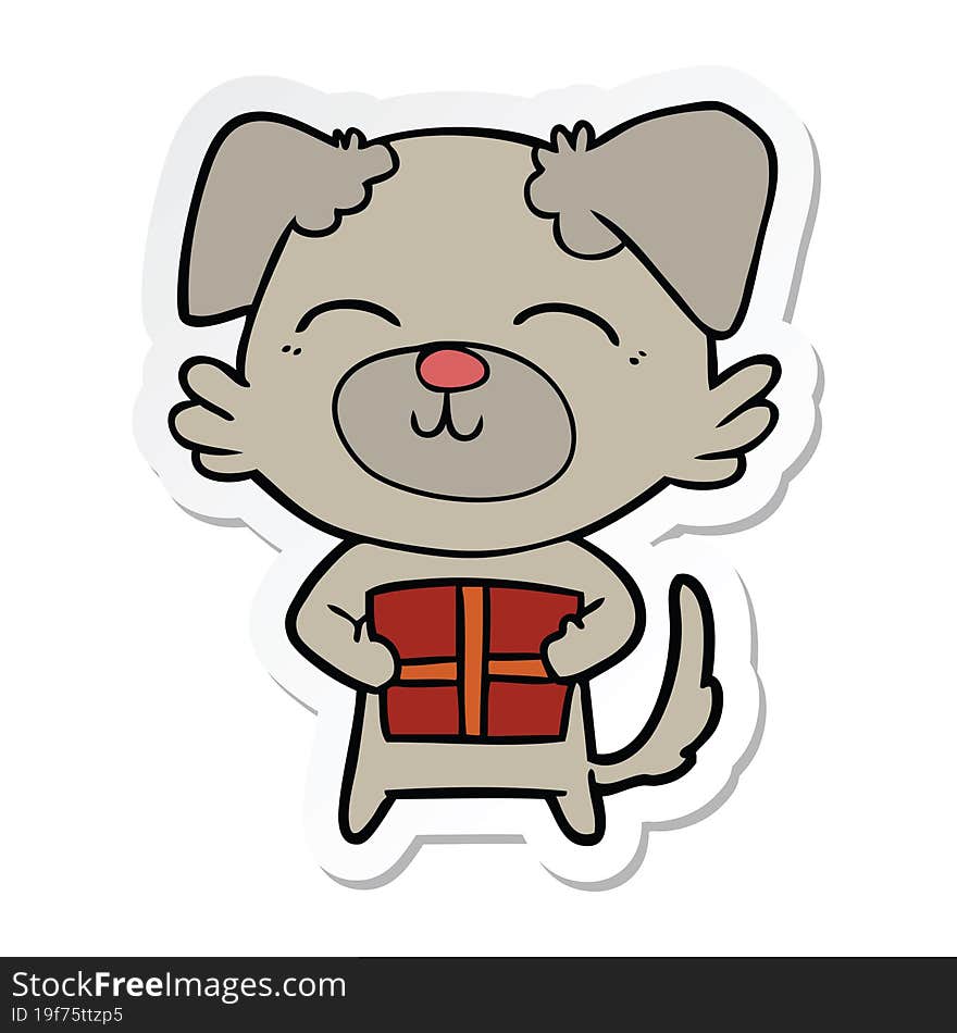 sticker of a cartoon dog with present