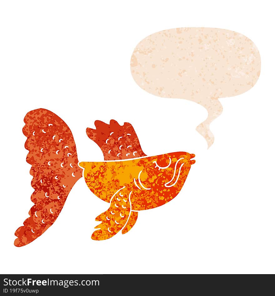 cartoon chinese fighting fish and speech bubble in retro textured style