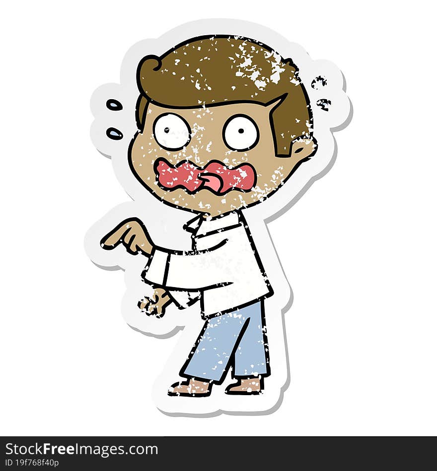 Distressed Sticker Of A Cartoon Stressed Out Pointing