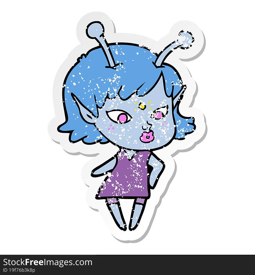 distressed sticker of a pretty cartoon alien girl