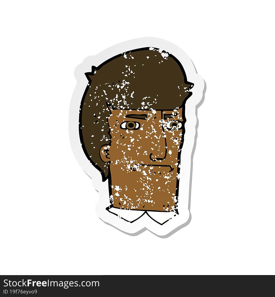 retro distressed sticker of a cartoon man narrowing eyes