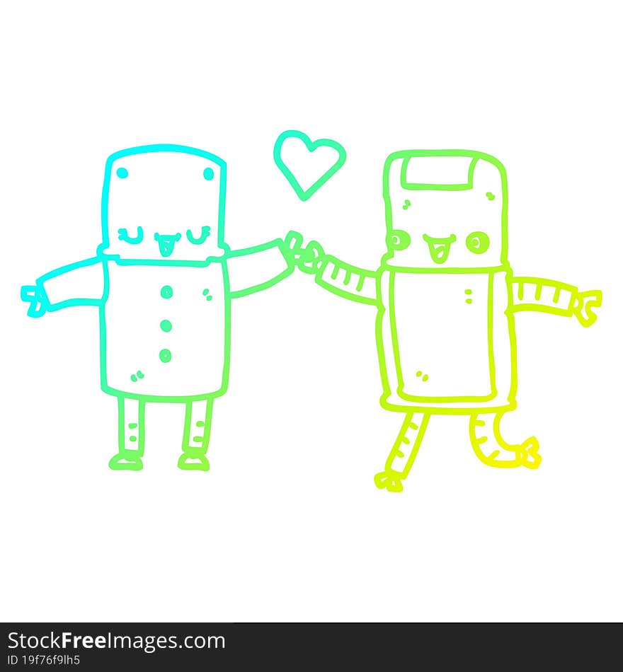 cold gradient line drawing of a cartoon robots in love