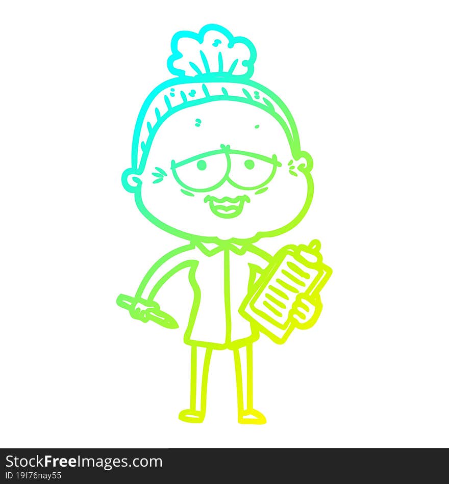 Cold Gradient Line Drawing Cartoon Happy Old Lady