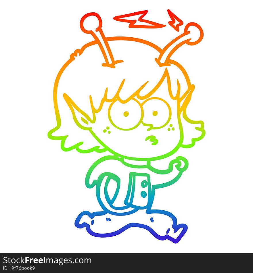 rainbow gradient line drawing of a cartoon alien girl