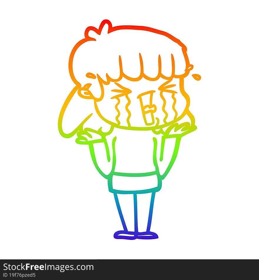 rainbow gradient line drawing cartoon woman in tears