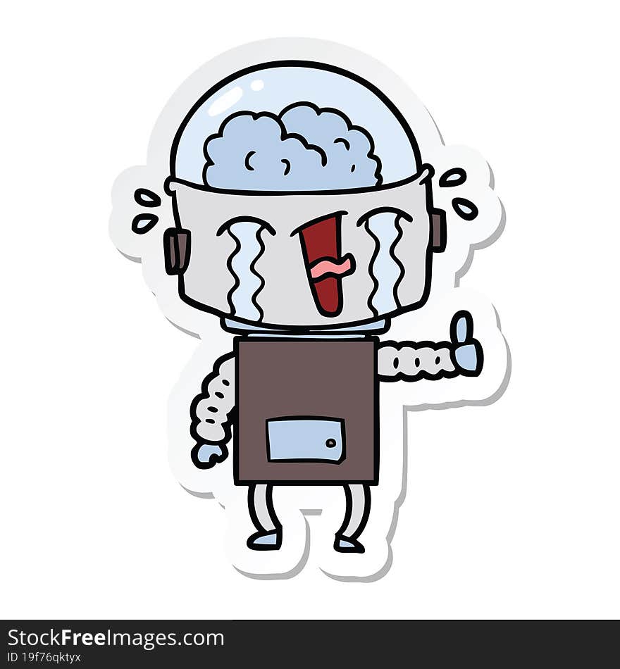 sticker of a cartoon crying robot making gesture