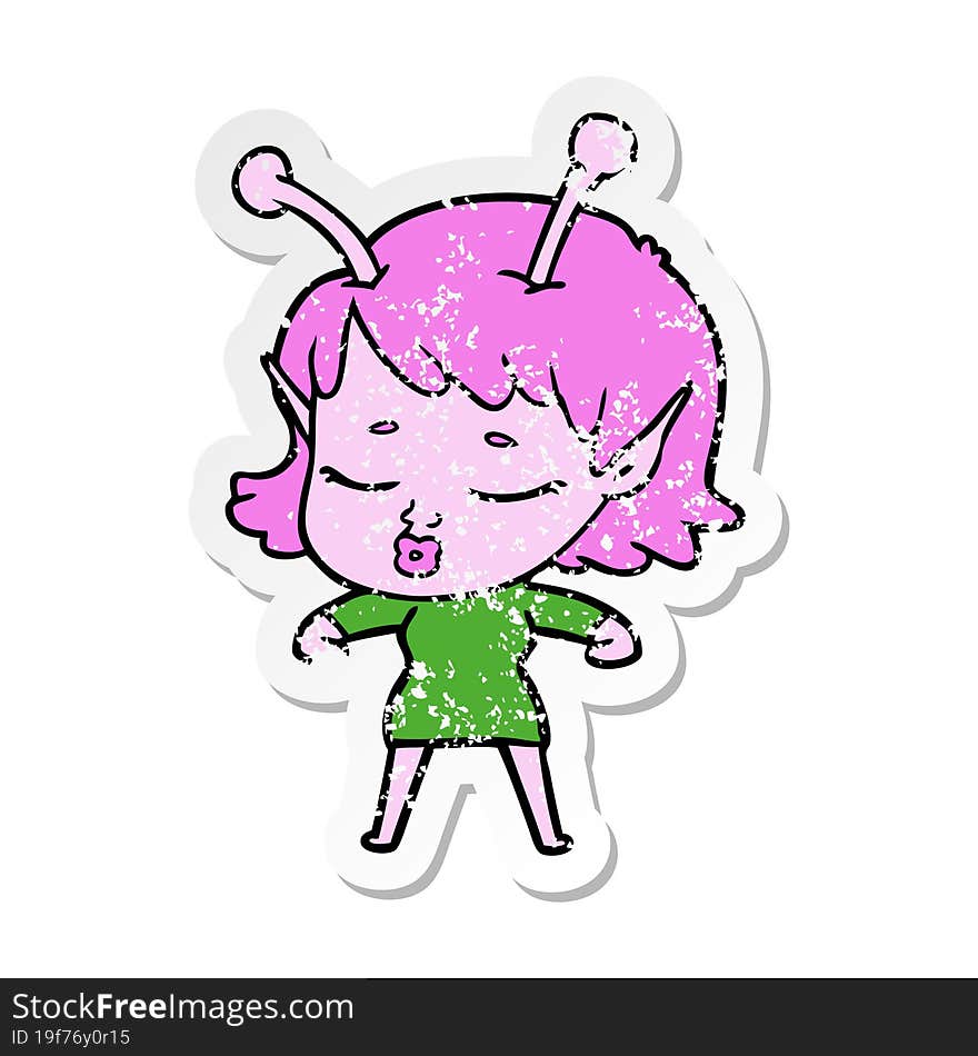 distressed sticker of a cute alien girl cartoon