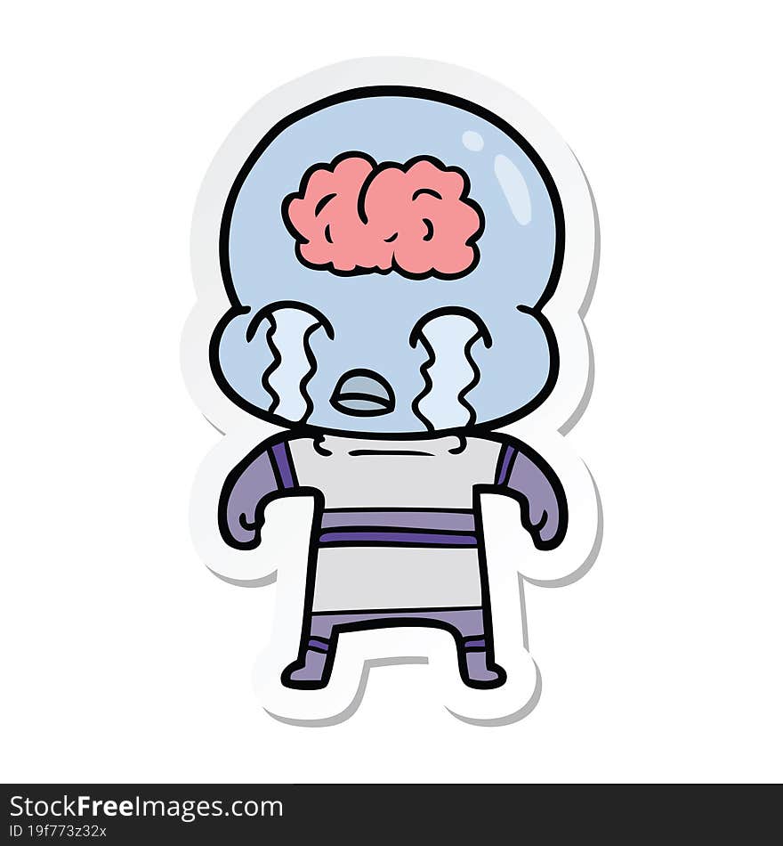 sticker of a cartoon big brain alien crying