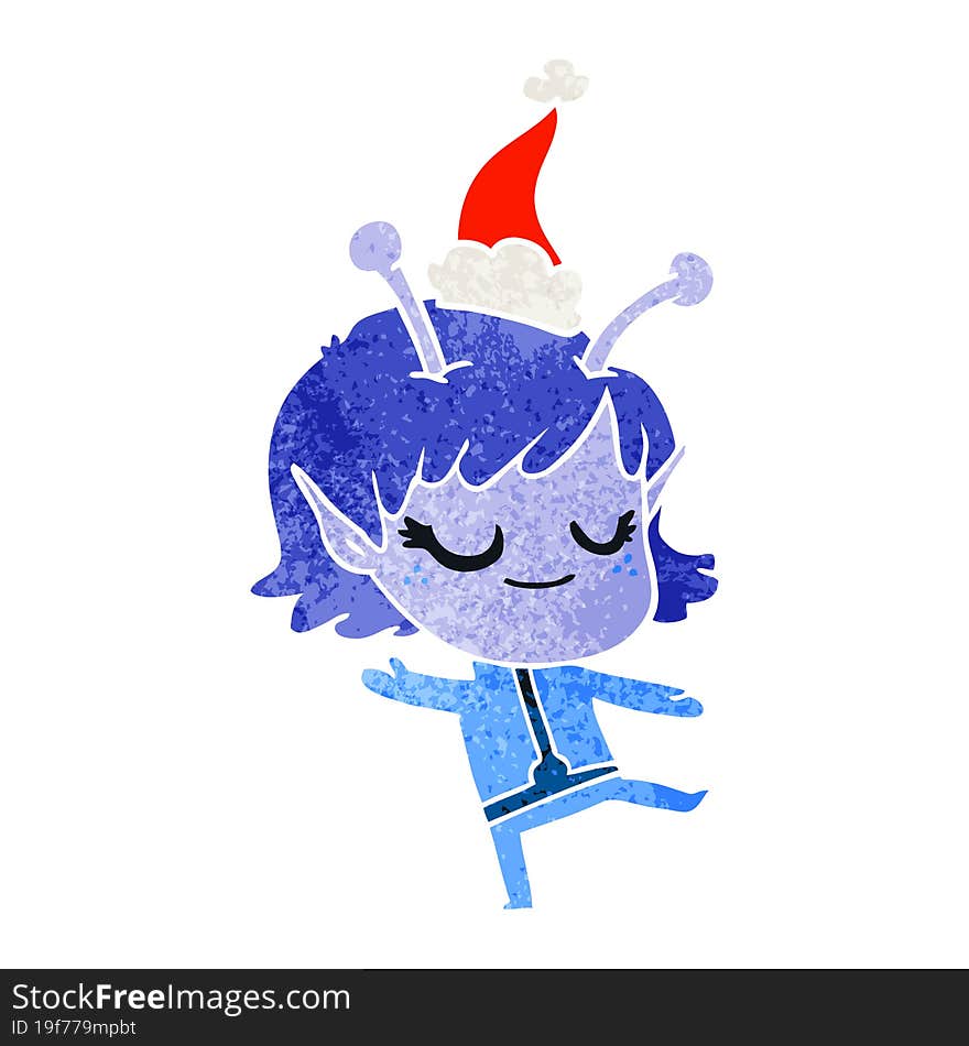 smiling alien girl retro cartoon of a wearing santa hat