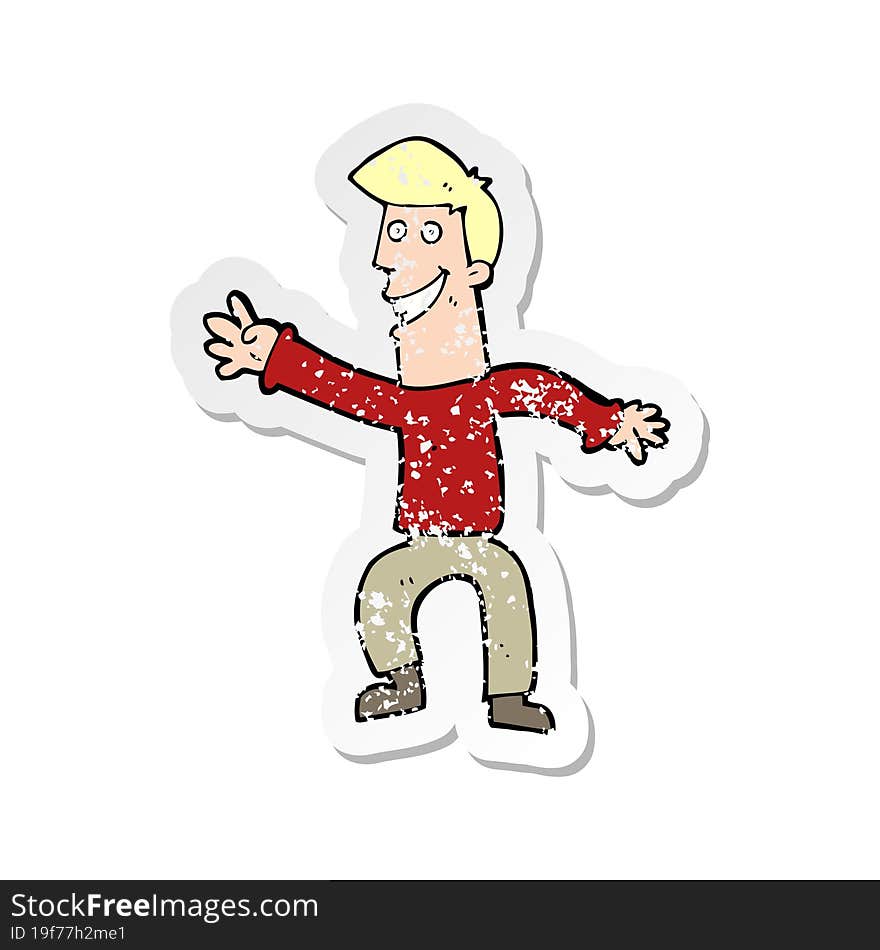 retro distressed sticker of a cartoon happy man dancing