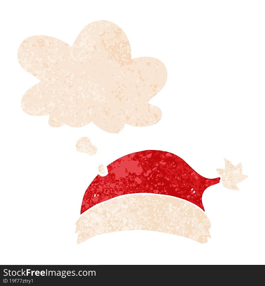 cartoon christmas hat and thought bubble in retro textured style