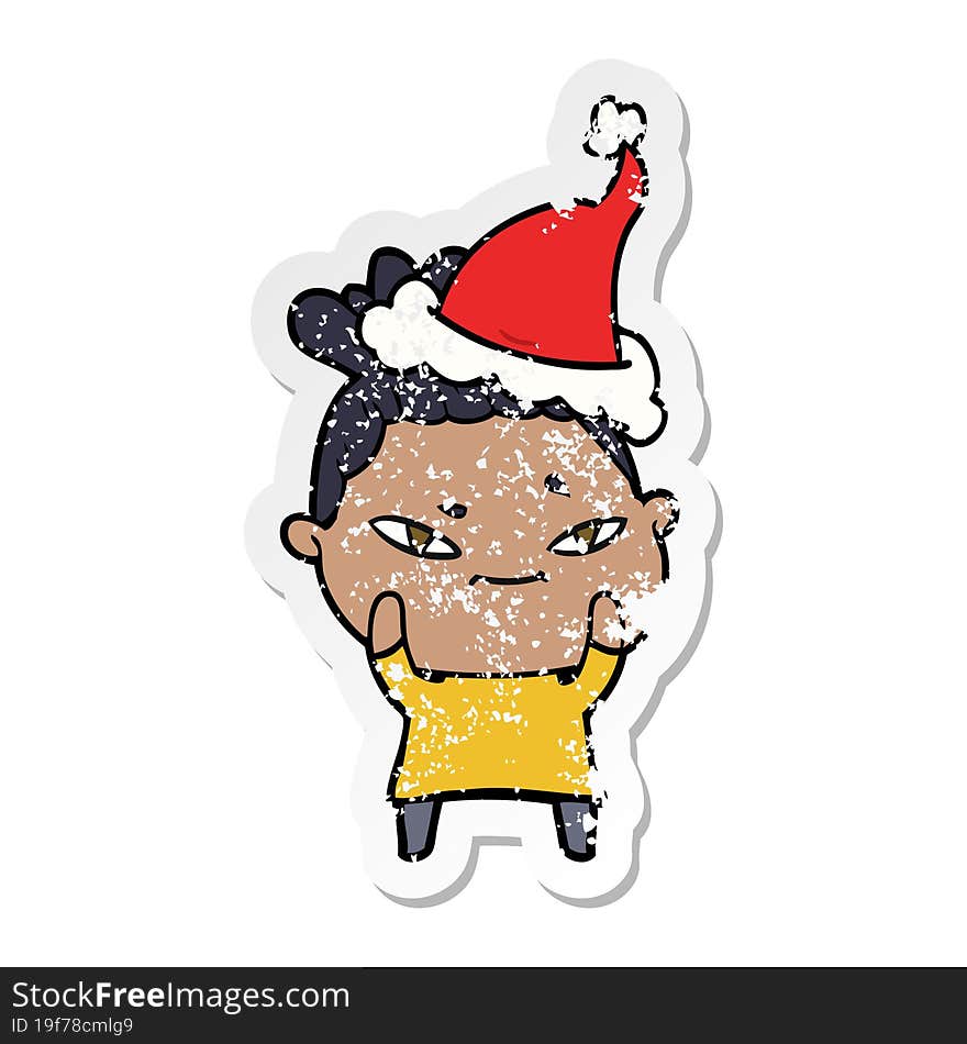 hand drawn distressed sticker cartoon of a woman wearing santa hat