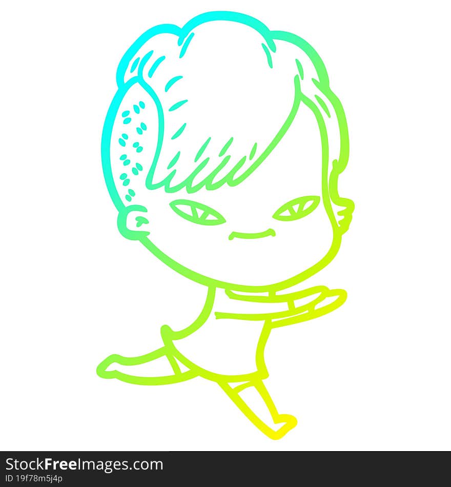 cold gradient line drawing cute cartoon girl with hipster haircut