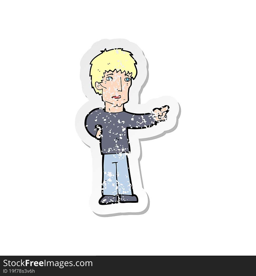 retro distressed sticker of a cartoon pointing man