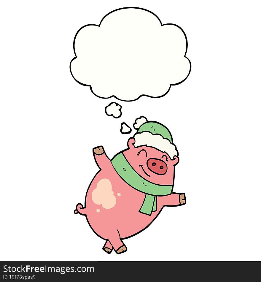 cartoon pig wearing christmas hat and thought bubble