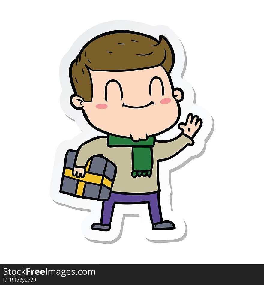 sticker of a cartoon friendly man with xmas gift