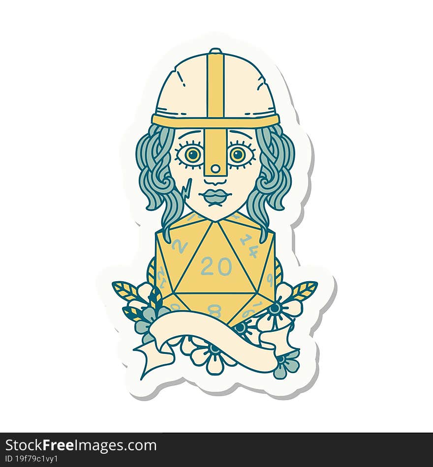 human fighter with natural twenty dice roll sticker