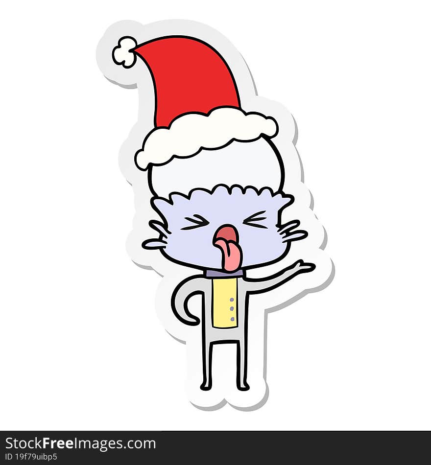 disgusted sticker cartoon of a alien wearing santa hat