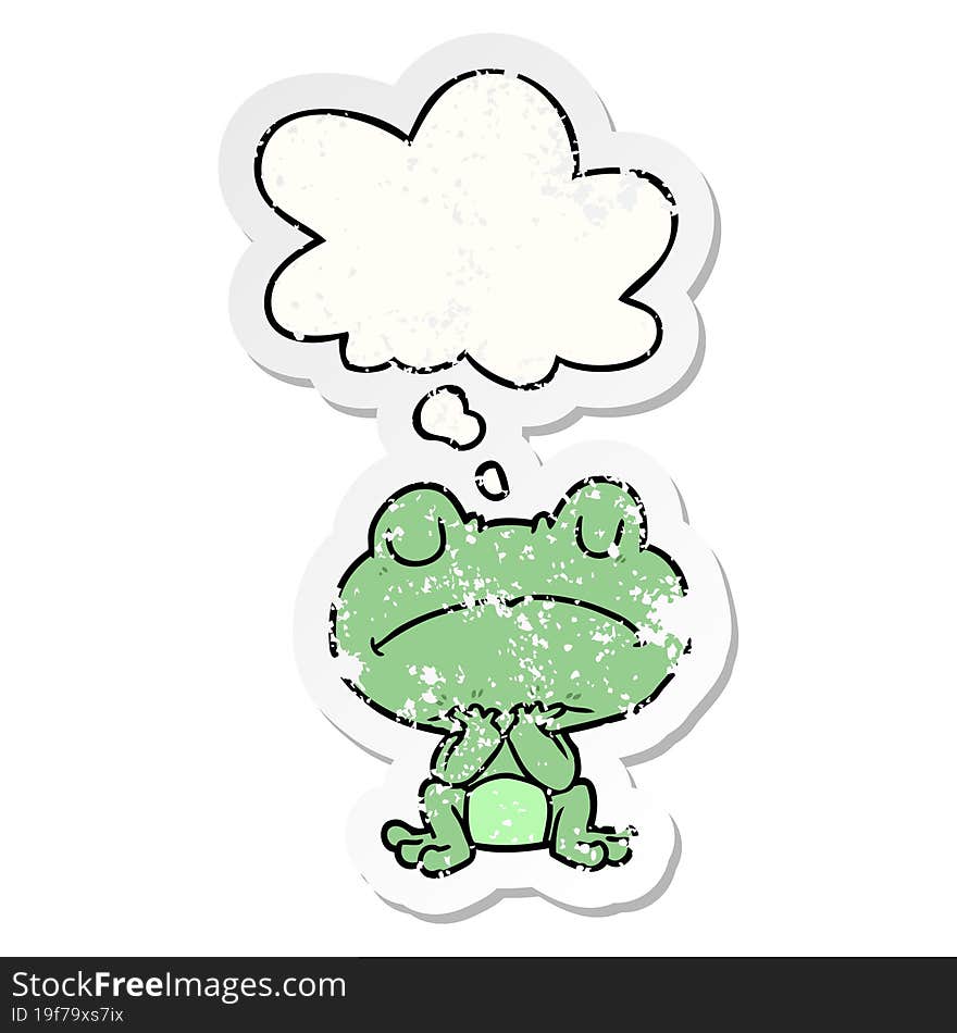 cartoon frog and thought bubble as a distressed worn sticker