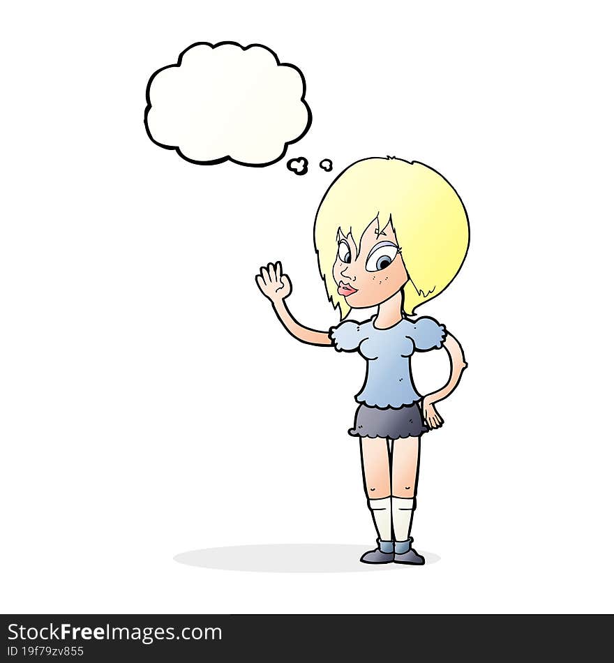 cartoon pretty woman waving with thought bubble