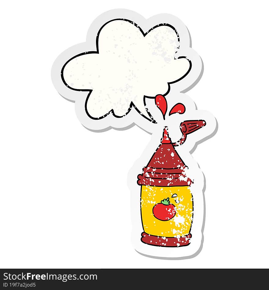 cartoon ketchup bottle with speech bubble distressed distressed old sticker. cartoon ketchup bottle with speech bubble distressed distressed old sticker