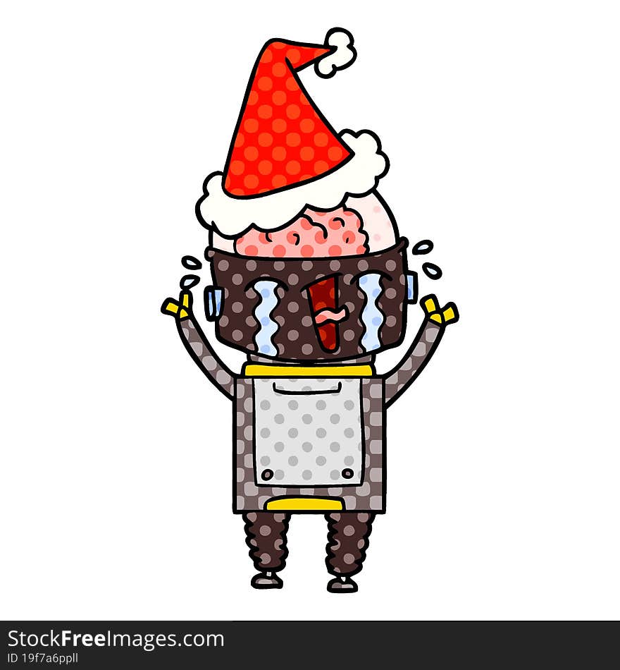 hand drawn comic book style illustration of a crying robot wearing santa hat