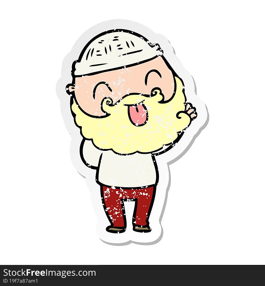 distressed sticker of a man with beard sticking out tongue