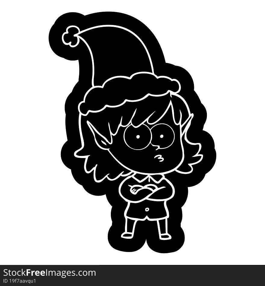 quirky cartoon icon of a elf girl staring wearing santa hat