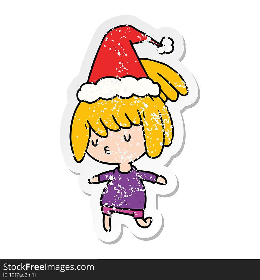 christmas distressed sticker cartoon of kawaii girl