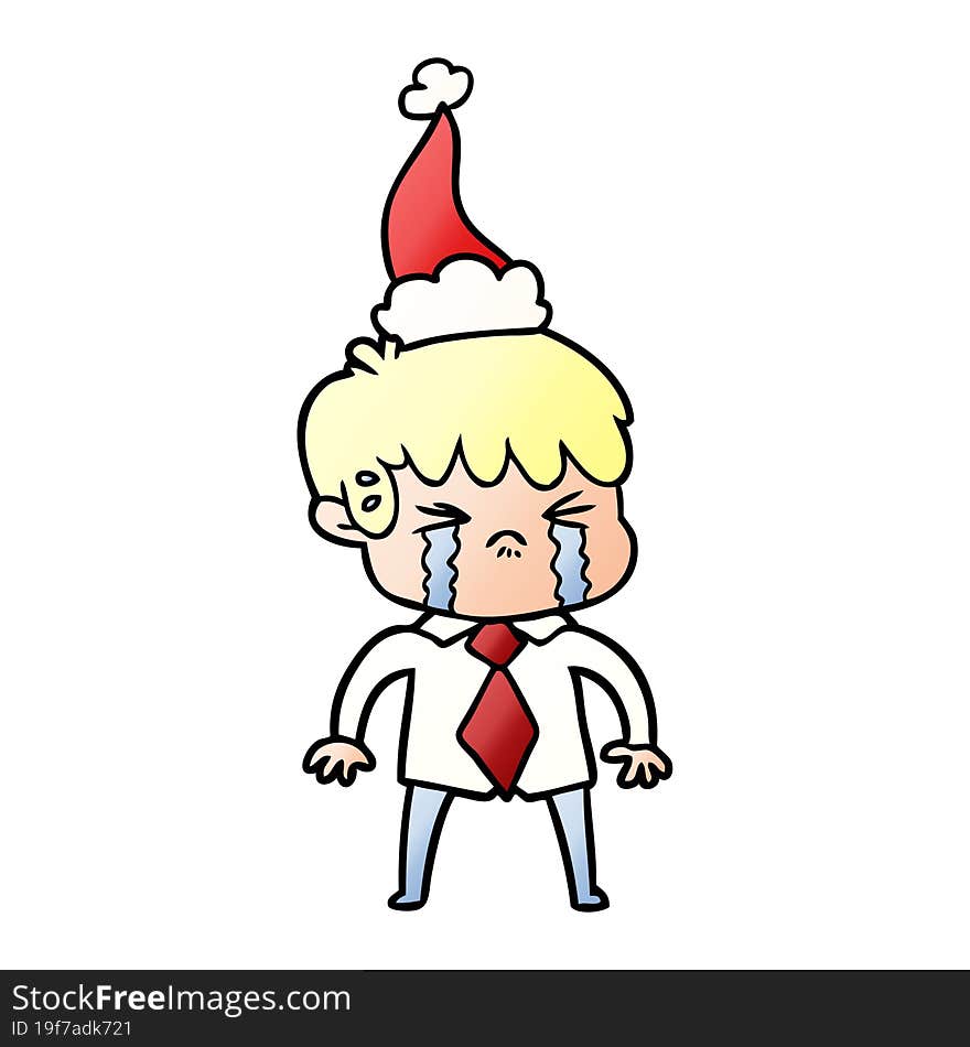 gradient cartoon of a boy crying wearing santa hat