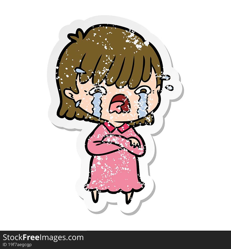 distressed sticker of a cartoon girl crying