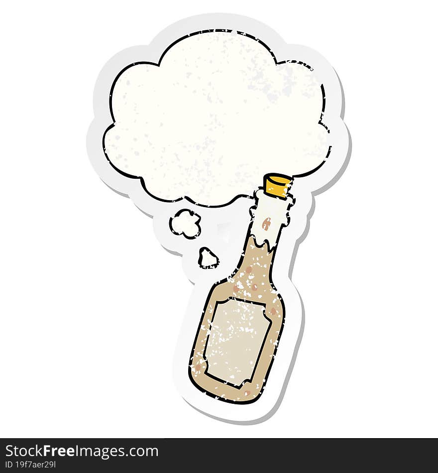 cartoon beer bottle and thought bubble as a distressed worn sticker