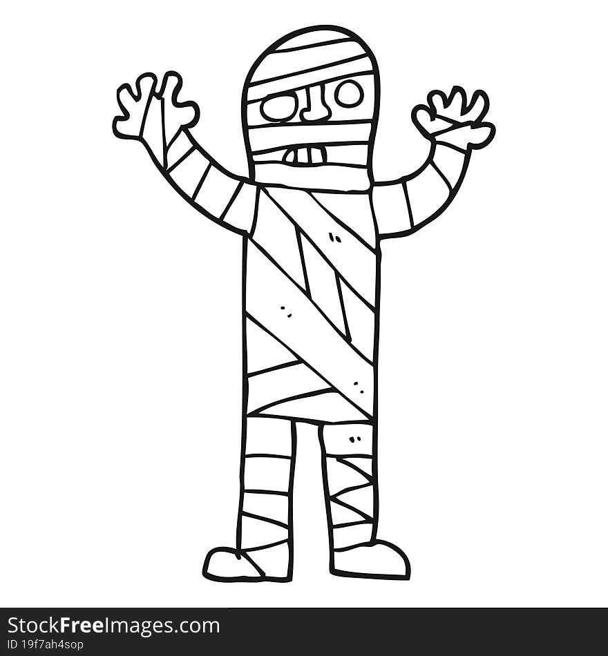 freehand drawn black and white cartoon bandaged mummy