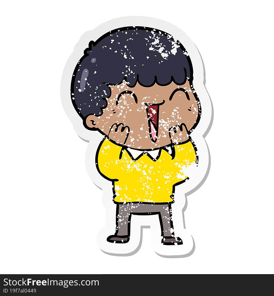 distressed sticker of a cartoon happy man