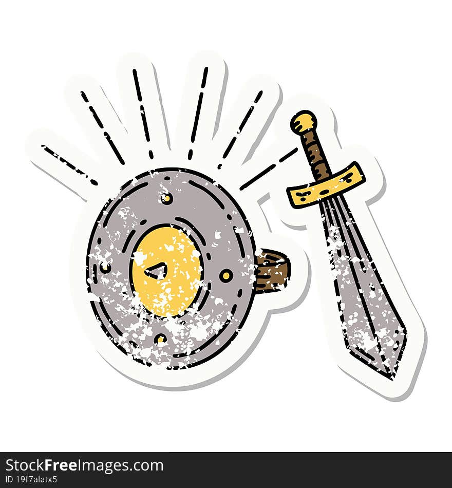 grunge sticker of tattoo style shield and sword