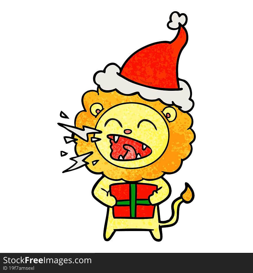 hand drawn textured cartoon of a roaring lion with gift wearing santa hat