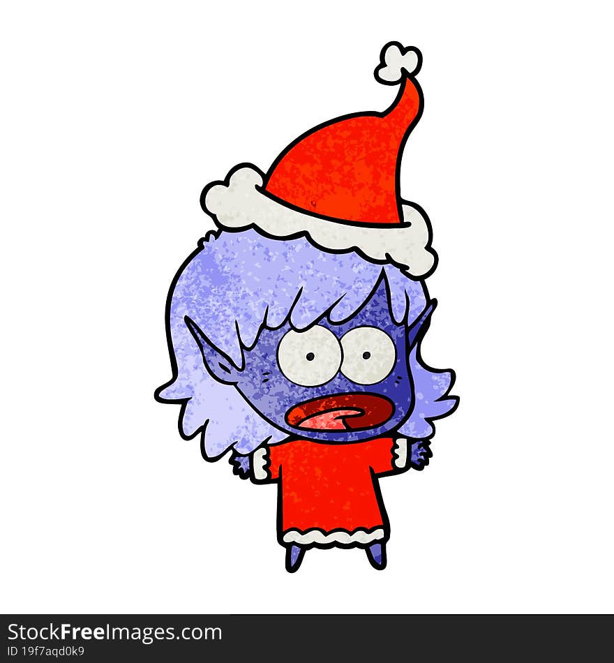 textured cartoon of a shocked elf girl wearing santa hat