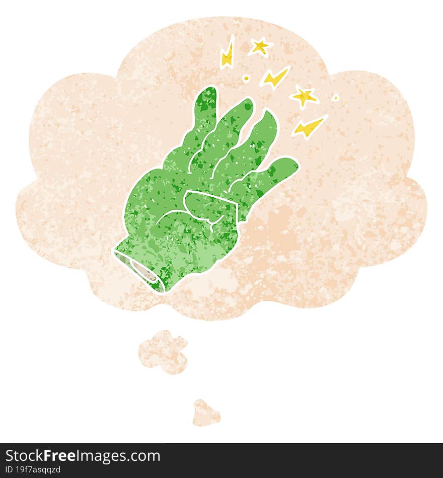 cartoon spooky magic hand with thought bubble in grunge distressed retro textured style. cartoon spooky magic hand with thought bubble in grunge distressed retro textured style